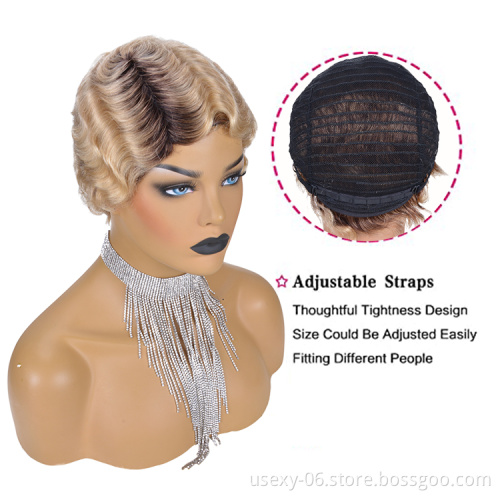 Short Curly Human Hair Wig Virgin Brazilian Human Hair Finger Wave Wigs for Black Women 613 Blonde Pixie Cut Wigs